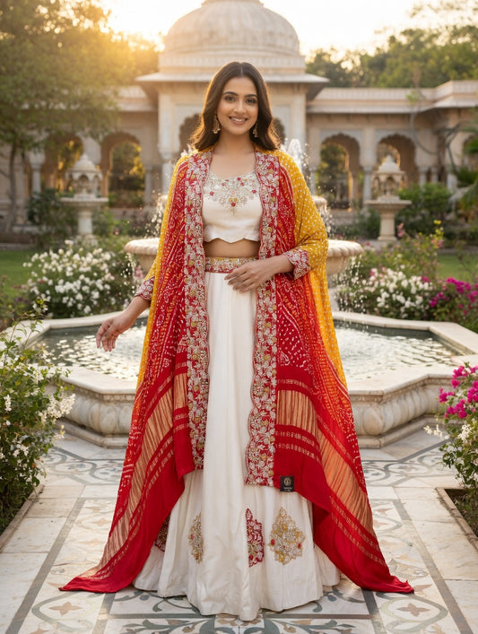White lehenga with Red embroidery dupatta