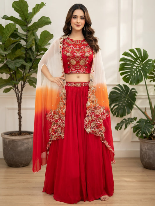 Red lehenga with 3 gradient colour embroidery dupatta