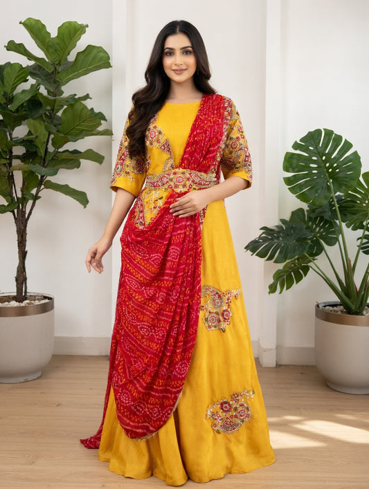 Yellow Embroidery lehenga with red dupatta