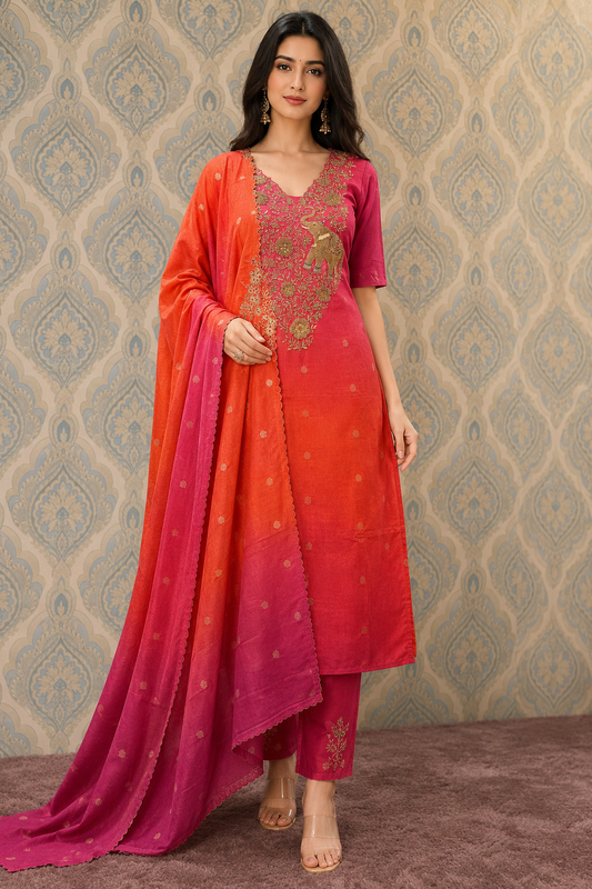 Royal Fuchsia Elephant Embroidered Suit Piece