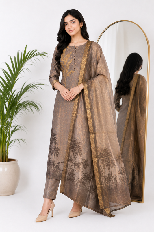 Taupe Brown Botanical Embroidered Suit Set